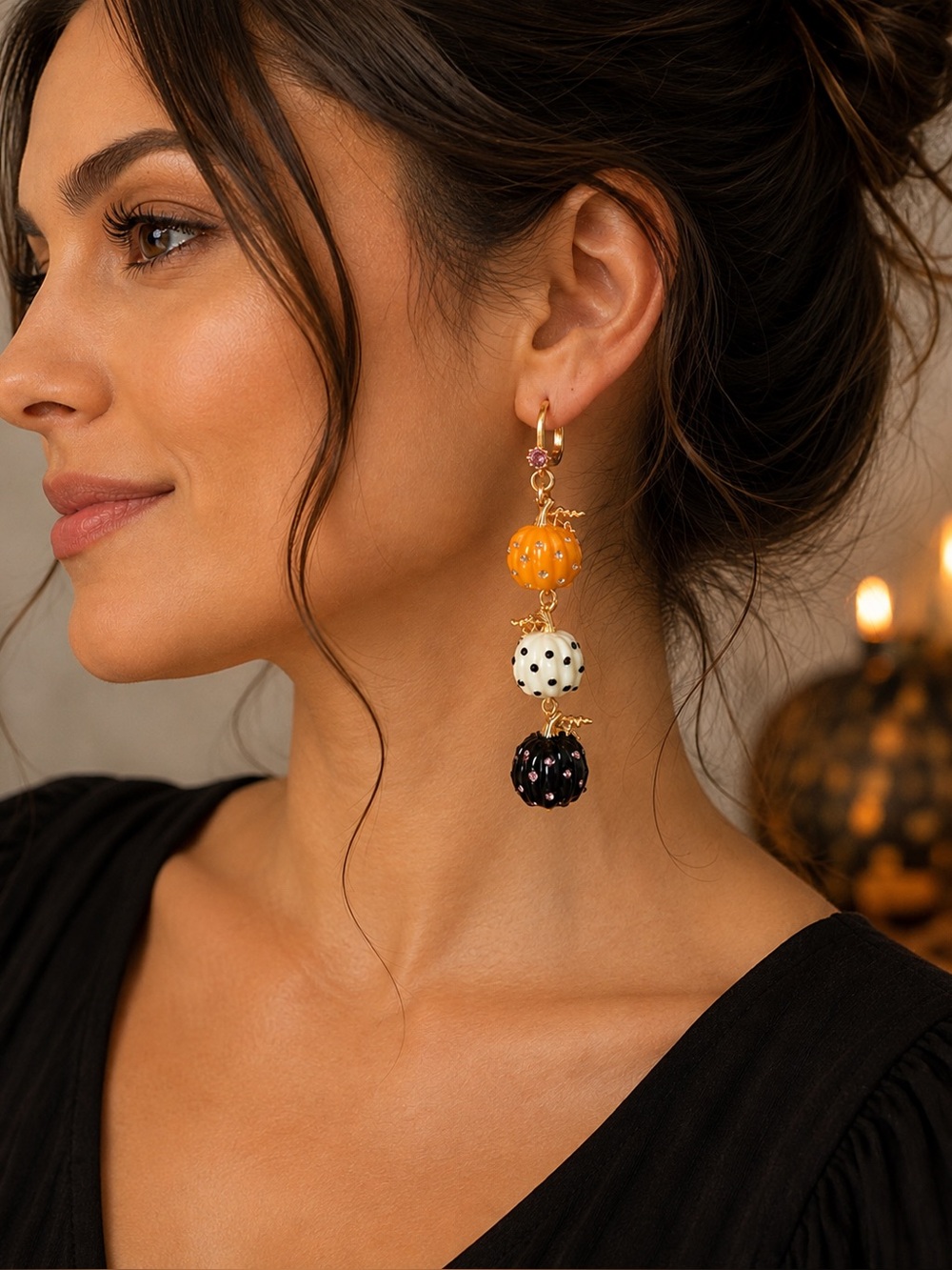 Betsey Johnson NWT Pumpkin Triple Dangle Earrings Halloween Rhinestone $78